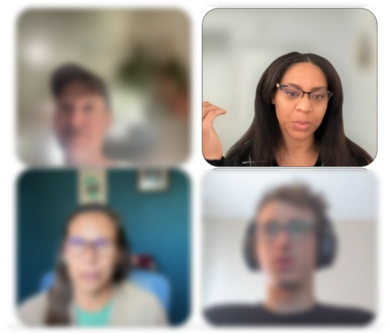 Remote research sessions with members, shown as a grid of four video call participants