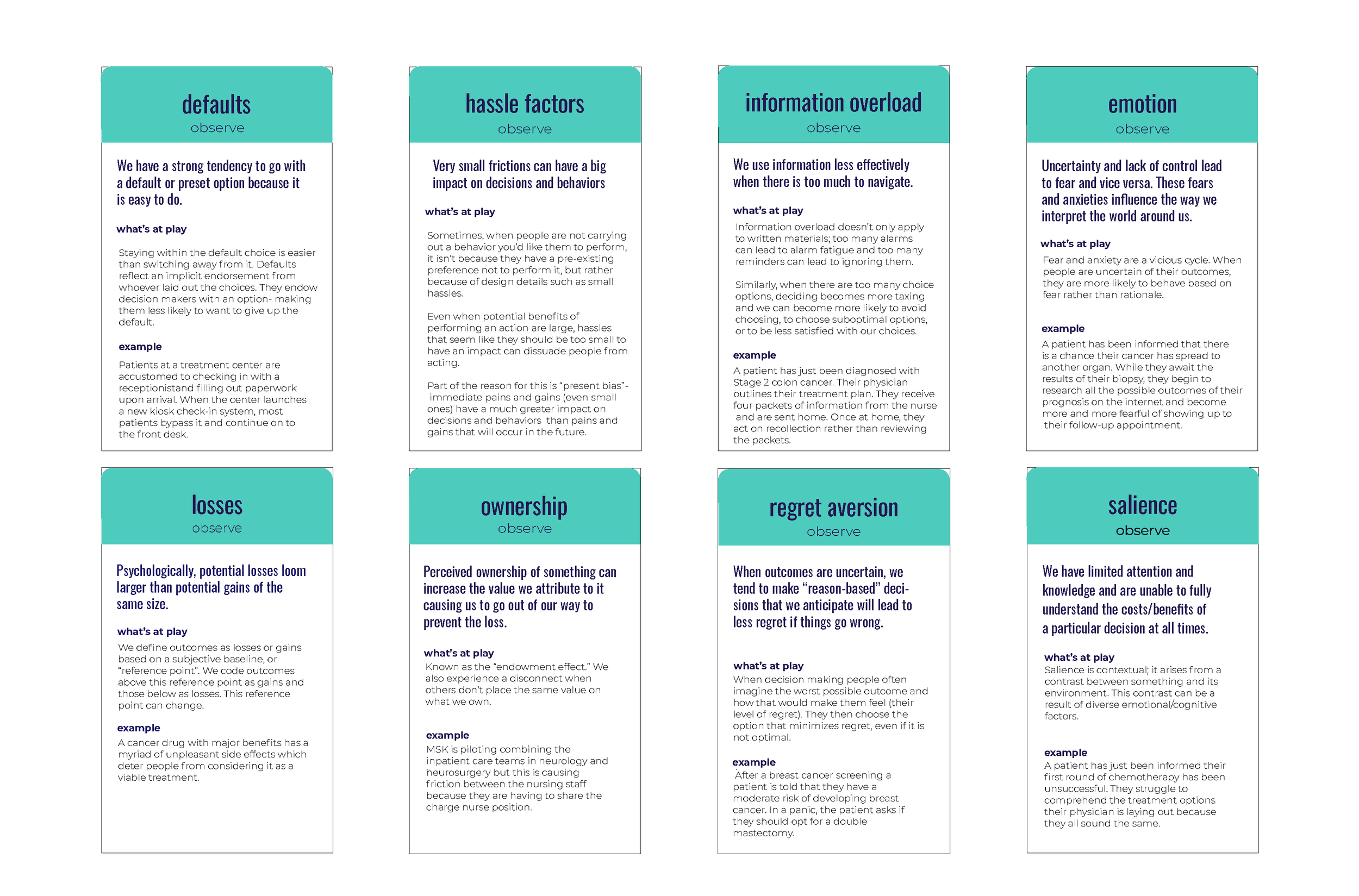 Eight B-Cards from the deck, each pairing a behavioral science principle with what's at play and a healthcare example
